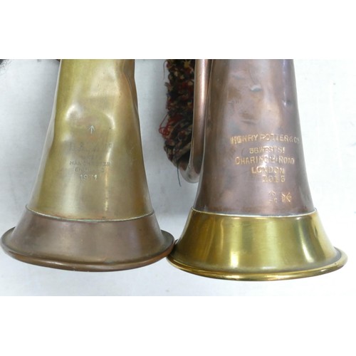 363 - Two military stamped brass Bugles, one dated 1913 Henry Potter & Co. & 1971 (2)