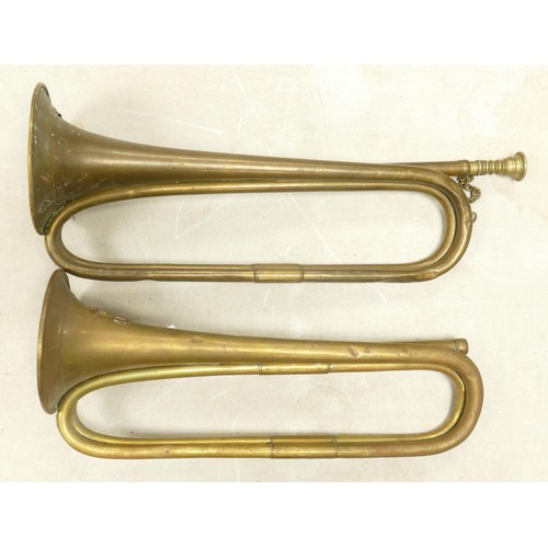 365 - Two American brass bugles, one with US motif & the other a Boosey & Co. 1916 item, length 43cm (2)