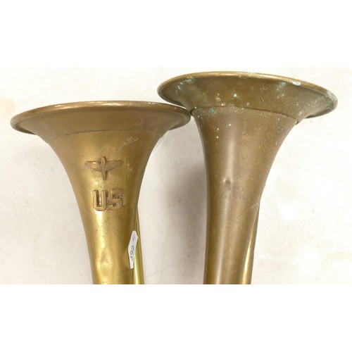 365 - Two American brass bugles, one with US motif & the other a Boosey & Co. 1916 item, length 43cm (2)