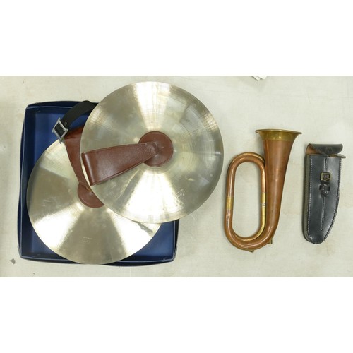 371 - Regimental copper Bugle, marching band Zyn Cymbals & empty leather piccolo case. (3)