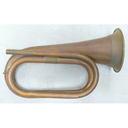 371 - Regimental copper Bugle, marching band Zyn Cymbals & empty leather piccolo case. (3)