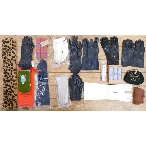 375 - A collection of quality ladies kid leather gloves, beaded evening purse & boxed Osprey handkercheifs... 