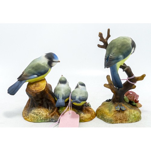 181 - Royal Crown Derby matt bird figures including Blue Tit & Fledglings plus a Blue Tit on a branch, bot... 