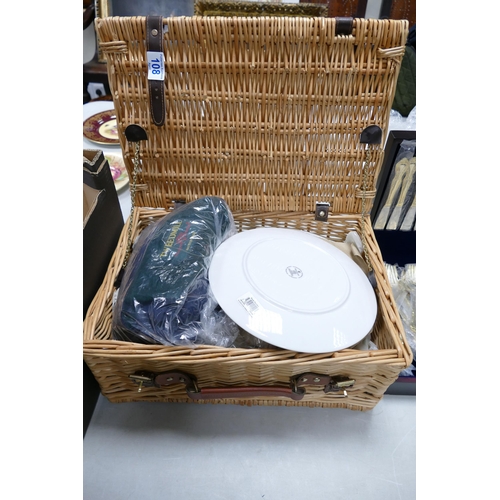 Wicker Picnic Hamper containing Royal Doulton Plates , woollen blanket etc