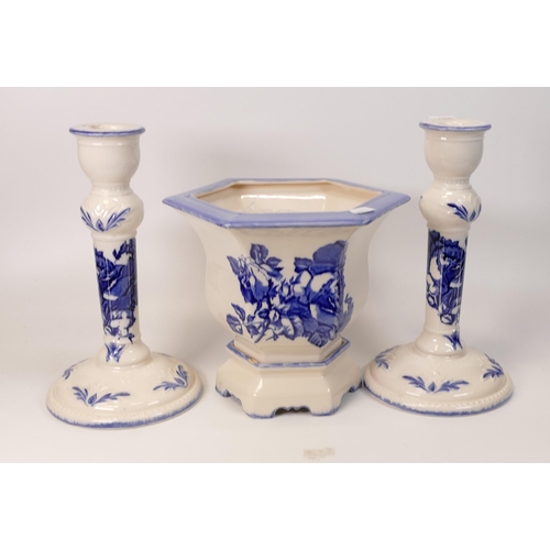 358 - Blakeney Ironstone Blue & White Planter Pot & Stand together with similar candlesticks, tallest 25cm... 