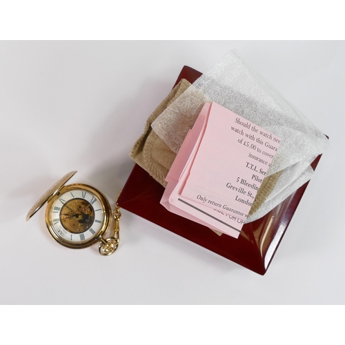 815 - Jean Pierre gold plated top winding pocket watch and chain, boxed with paperwork.