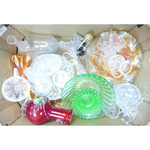 23 - A mixed collection of glassware to include Carnival Glass Bowl, Cocktail sticks, vases, bowls etc