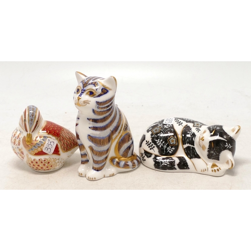 333 - Royal Crown Derby paperweights Teal Duckling, Misty Cat & Seated Cat, boxed, all gold stoppers(3)