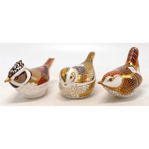 334 - Royal Crown Derby paperweights Firecrest, Derby Wren & Gold Crested Tit, boxed with gold stoppers(3)