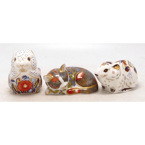 335 - Royal Crown Derby paperweights Cat Nip Kitten, Bank Vole & Poppy Mousse, two boxed with gold stopper... 