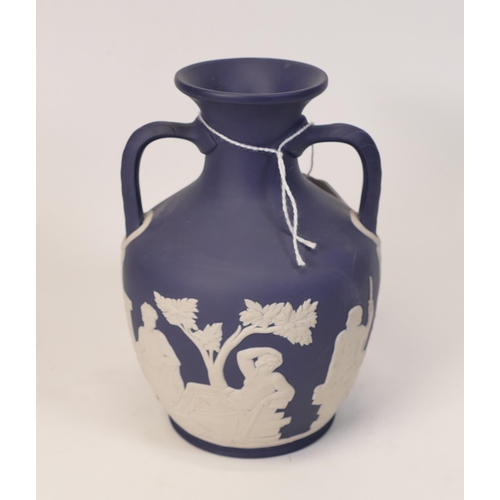 351 - Wedgwood Blue Jasperware Portland Shaped Vase, height 15cm