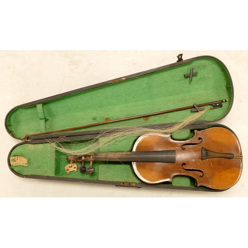 37 - Vintage Wooden Cased Violin & Bow