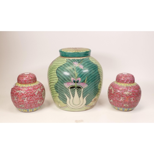 389 - A large Chinese pottery ginger jar decorated with dragonflies together with a pair of pink ginger ja... 