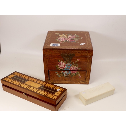 393 - Wooden painted jewellery box together with two boxed domino sets (3)