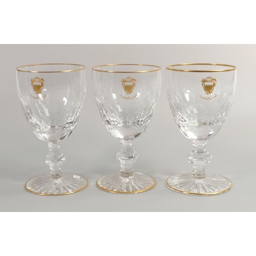 28 - De Lamerie Fine Bone China heavily gilded Glass Crystal Bahrain Crest Patterned Wine Glasses , speci... 