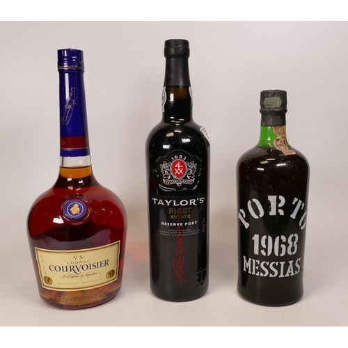 595 - A collection of vintage spirits to include 1 ltr Courvoisier, 1968 Porto Messias, Taylors First Esta... 