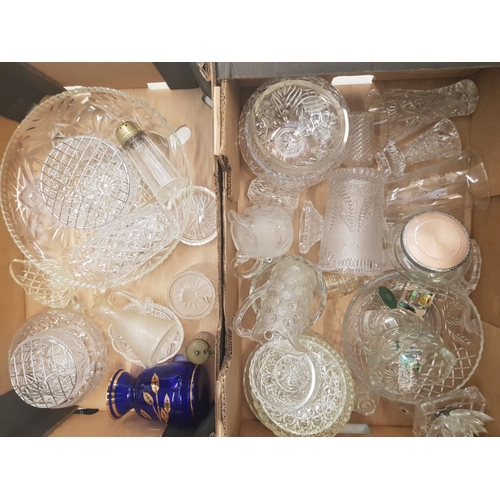 105 - A mixed collection of items to include glass ware, vases , bowls, jugs etc ( 2 trays)