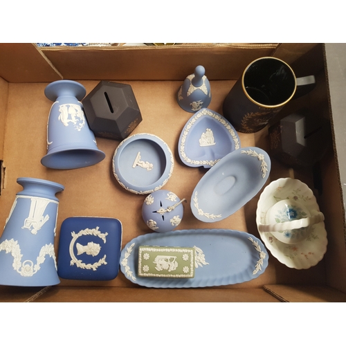 5 - Wedgwood Jasperware Items to include Queen's Blue trinket box, blue jasperware vases and pin dishes,... 