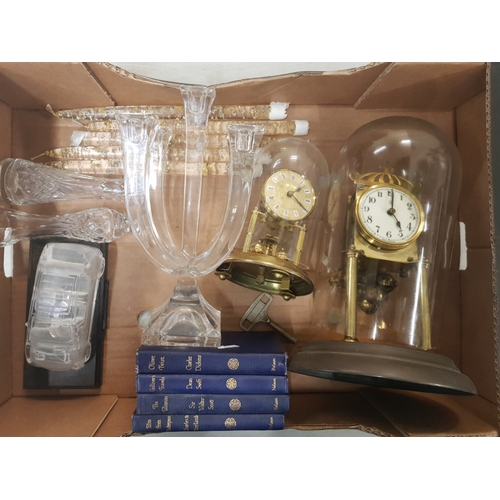 29 - A mixed collection of items to include 2 Anniversary Clocks, glass candelabra, crystal bud vases, Ol... 