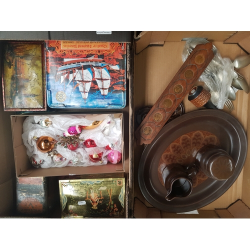 43 - A mixed collection of items to include vintage tins, vintage christmas decorations, Royal Doulton ma... 