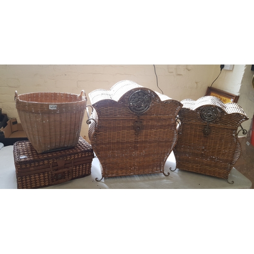 45 - A group of wicker items including 2 laundry hampers, a picnic hamper and a log basket