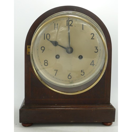 505 - Large inlaid mantle clock, in carpenter made box, height 28.5cm