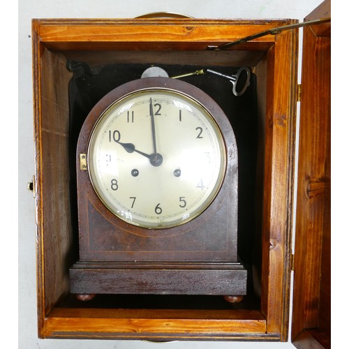 505 - Large inlaid mantle clock, in carpenter made box, height 28.5cm