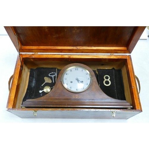 506 - Large inlaid mantle clock, in carpenter made box, length 53cm