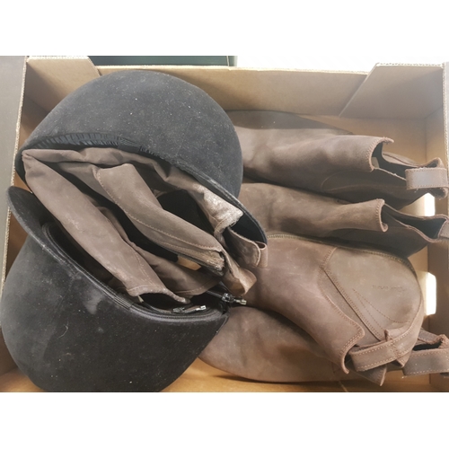 8 - Horse riding items to include 2 x riding hats sizes 7 1/8 & 7 3/8's, 2 pairs of XL riding gloves and... 