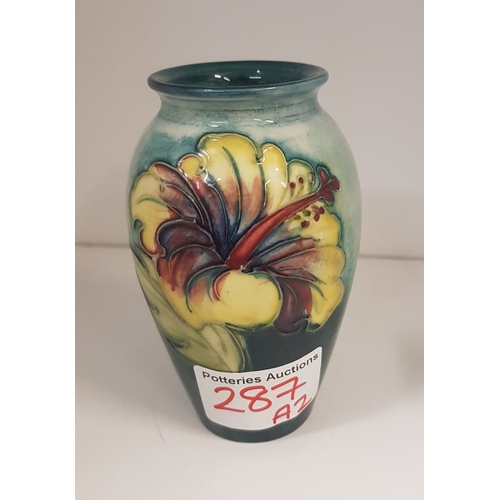 287 - Moorcroft Hibiscus Pattern Vase on Graduated Green Ground. h: 10cm