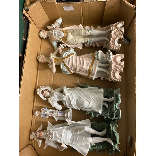 15 - Two Pairs of Bisque Porcelain figure along with one similar figure. 14cm height of tallest (1 Tray)