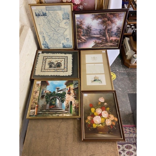 411 - A mixed group of framed artwork to include 3 oil on canvas's, Egyptian style print, map of Staffords... 