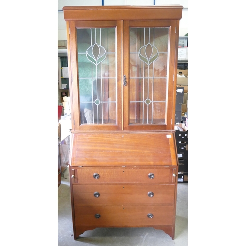 599 - 1930's Glazed Bureau Bookcase, height 199cm, width 94cm & depth 40cm