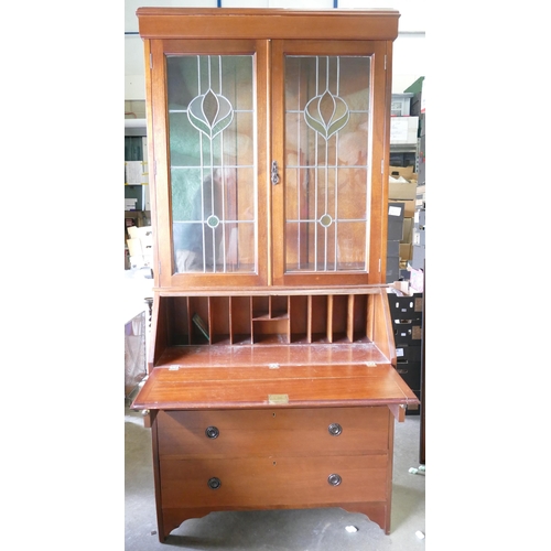 599 - 1930's Glazed Bureau Bookcase, height 199cm, width 94cm & depth 40cm