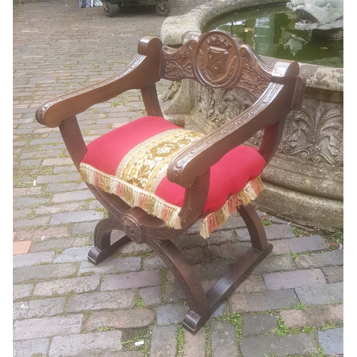 501 - Carved Oak Baronial Throne X Frame Chair.