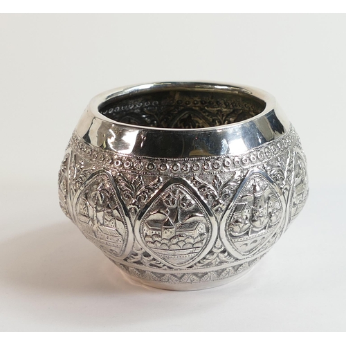 616 - South Asian White metal ornately decorated bowl, 213g.