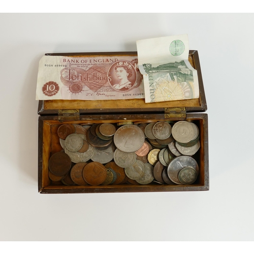 813 - A wood box containing a collection of old coins, including old copper & silver coins, commemoratives... 