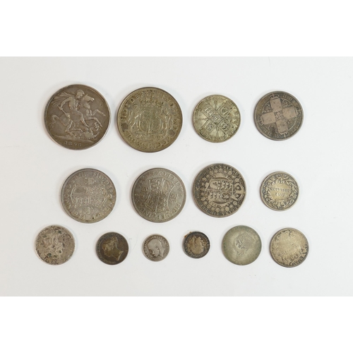 814 - A collection of pre-1947 silver coins including 19=896 and 1937 crown, 1891, 2 x1944, half crowns, f... 