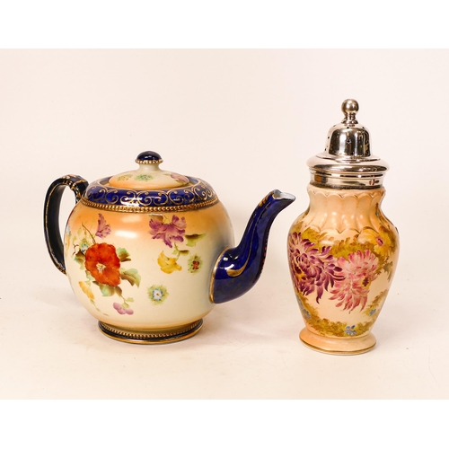 430 - Carlton Blush ware Teapot  & Sifter with floral decoration, by Wiltshaw & Robinson, c1900, height of... 