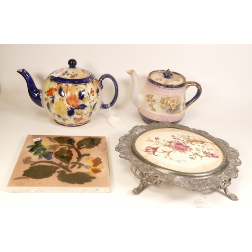 434 - A collection of Carlton Blush ware including 2 Teapots, Stand and Tile with floral decoration, by Wi... 