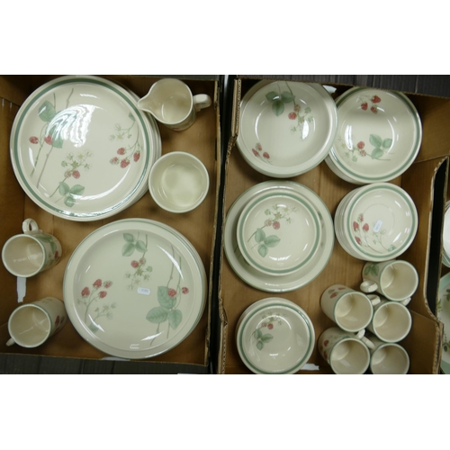 67 - Wedgwood Raspberry cane tea and dinner ware to include dinner plates, rimmed bowls, cups, saucers ( ... 