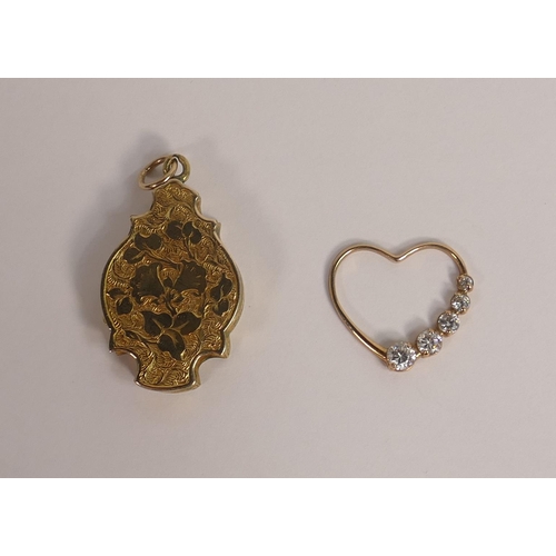 709 - 9ct gold heart pendant, 1g and Victorian gold plated pendant. (2)