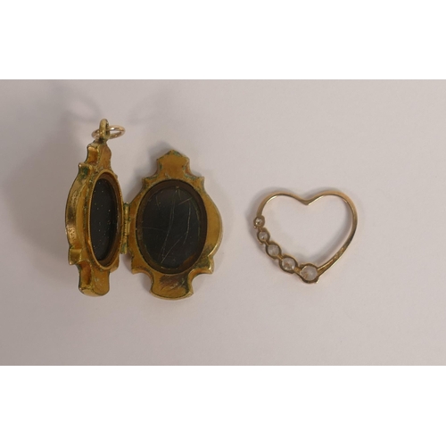 709 - 9ct gold heart pendant, 1g and Victorian gold plated pendant. (2)