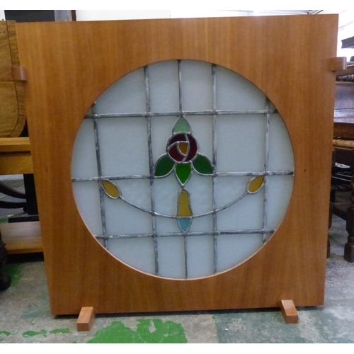 566 - Modern wooden encased early 20th century  stained glass illumating panel 88cm Wide