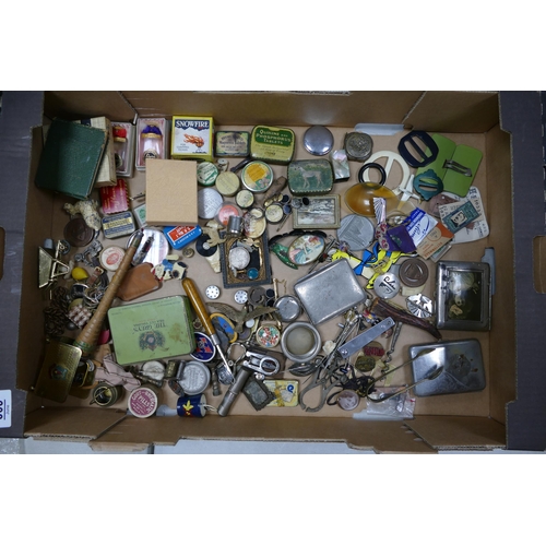 609 - A mixed collection of items to include vintage badges, cigarette cases , tin boxes etc