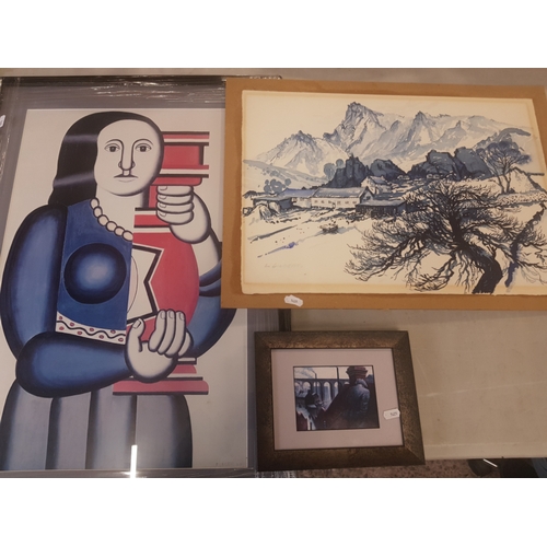 556 - A framed Fernard Leger print together with a Alexandra Millan Mini print & L. Gilbert Acryllic on Bo... 