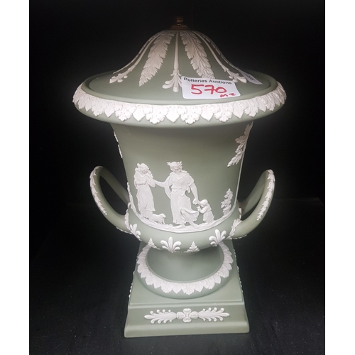 570 - Wedgwood Green jasperware twin handled lidded pedastal urn