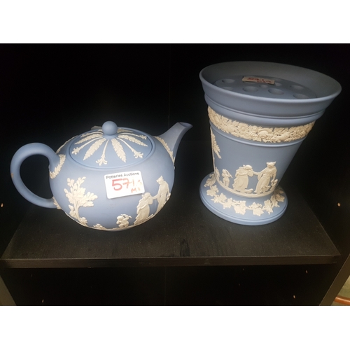 571 - Wedgwood Blue jasperware lidded tea pot together with Trumpet vase with frog insert