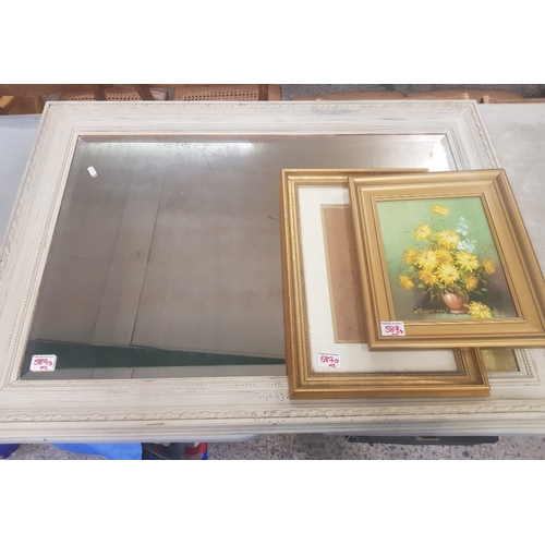 587 - Large bevelled edged Mirror together with framed oil on board still life study signed Robert Cox and... 