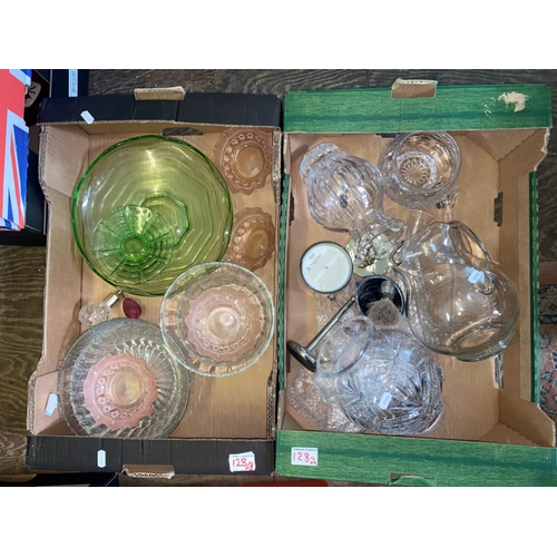 128 - Mixed collection of items to include crystal vases and bowl, large Uranium glass shallow bowl etc (2... 